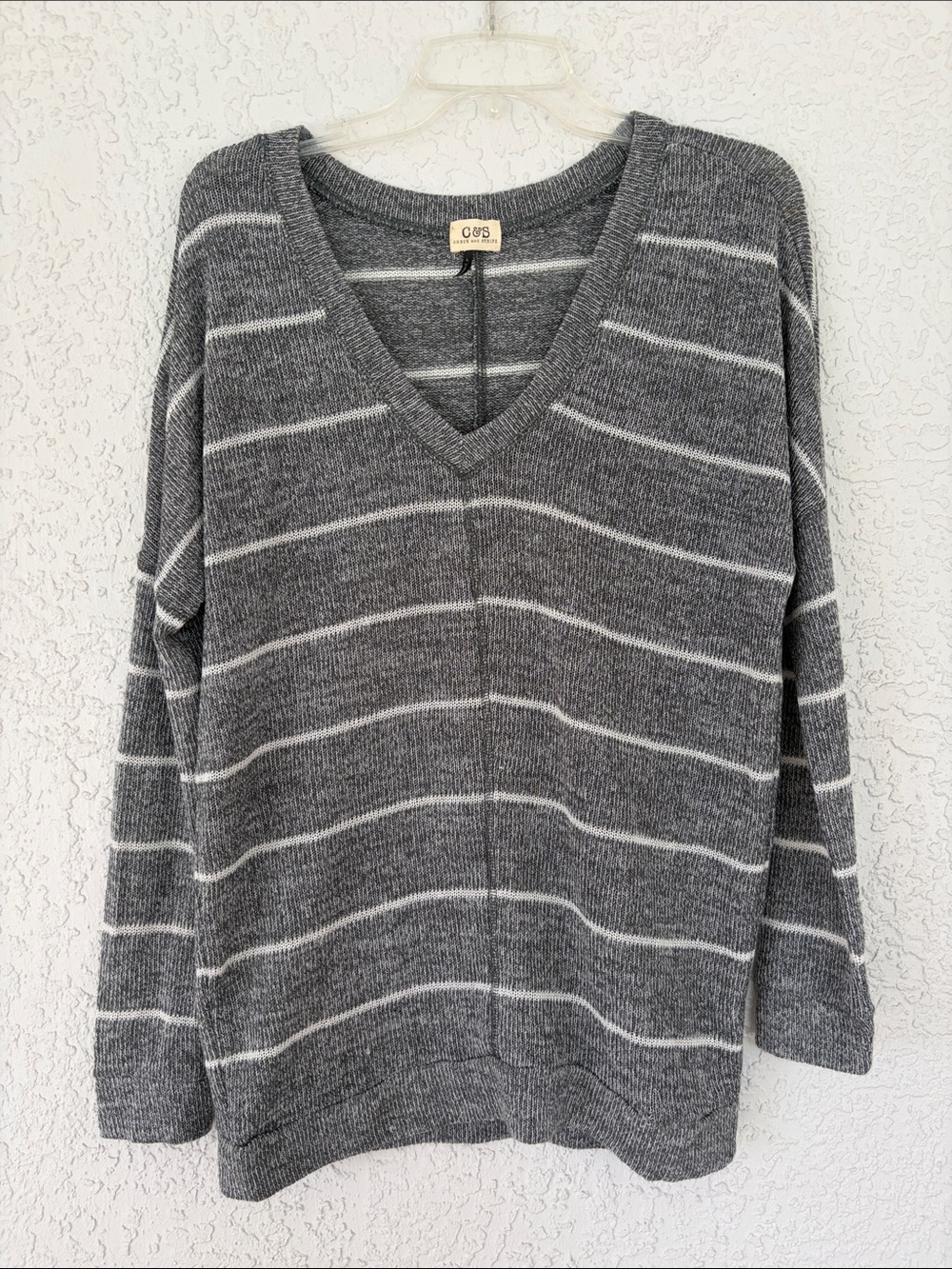 C&S Check and Stripe  Gray and White Striped V-Neck Sweater size L